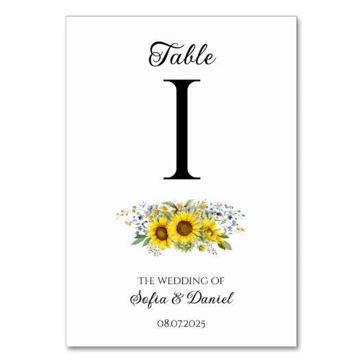 Hochzeit der Sonnenblume, Aquarellblau Wildblume Tischnummer (Vorderseite)