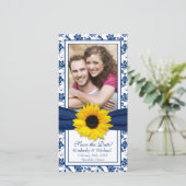 Hochzeit der Sonnenblume Navy Blauer Damaskus Save The Date (Stehend Vorderseite)