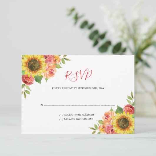 Hochzeit der Sonnenblumen Korallenflora RSVP Karte (Stehend Vorderseite)