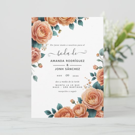 Hochzeit der spanischen Korallenflora Einladung (Stehend Vorderseite)