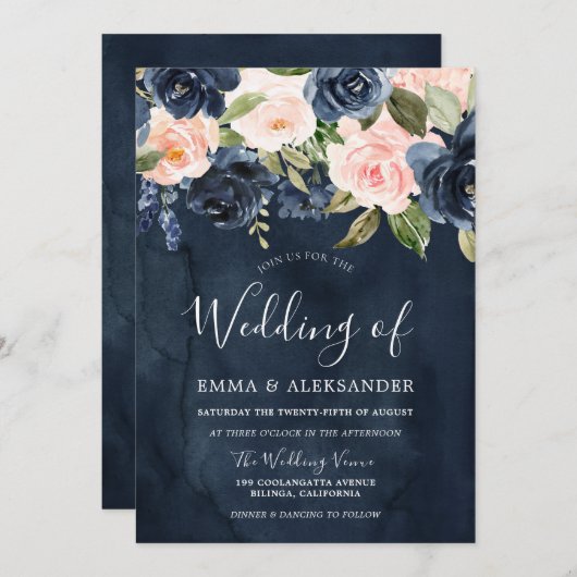 Hochzeit der Tiefseefischerei Blush Pink Floral Einladung (Vorne/Hinten)