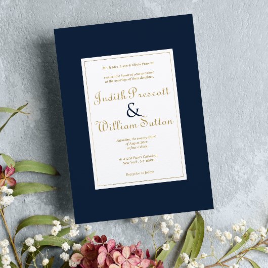 Hochzeit der Vintagen Kalligraphie in Navy Einladung