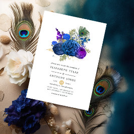 Hochzeit der Vintagen Pfauenflora in Navy und Gold Einladung