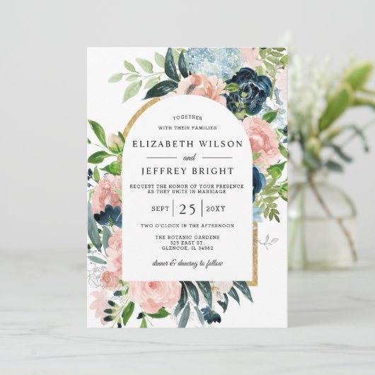 Hochzeit der Wasserfarben-Navy-Blush-Gold-Floral-A Einladung (Stehend Vorderseite)