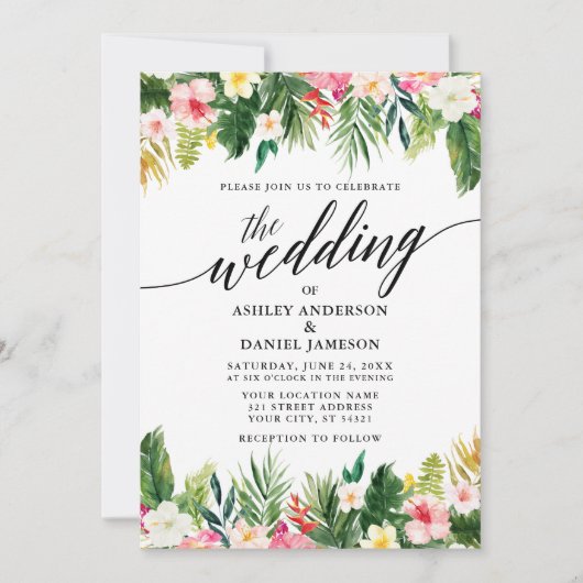 Hochzeit der Wasserfarben-Tropenkalligrafie Einladung (Vorderseite)