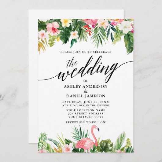 Hochzeit der Wasserfarben-Tropenkalligrafie Einladung (Vorne/Hinten)