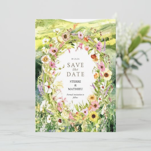 Hochzeit der Wasserfarben-Wildblume Save The Date (Stehend Vorderseite)