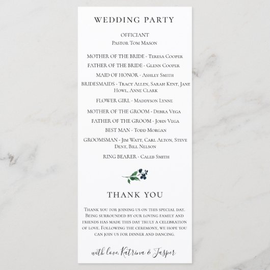 Hochzeit der Wasserfarbenflora in Burgund Programm (Rückseite)