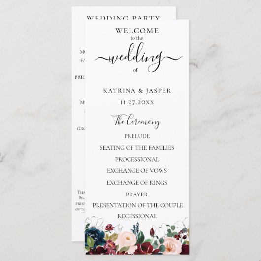 Hochzeit der Wasserfarbenflora in Burgund Programm (Vorne/Hinten)