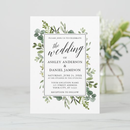 Hochzeit der Wasserfarbengrünen Kalligrafie Einladung (Stehend Vorderseite)