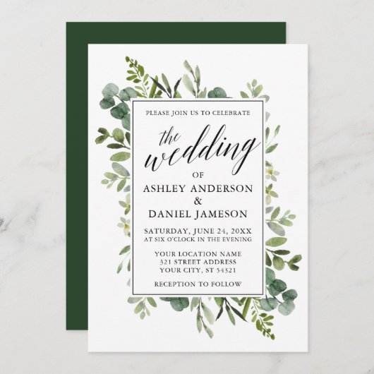 Hochzeit der Wasserfarbengrünen Kalligrafie Einladung (Vorne/Hinten)