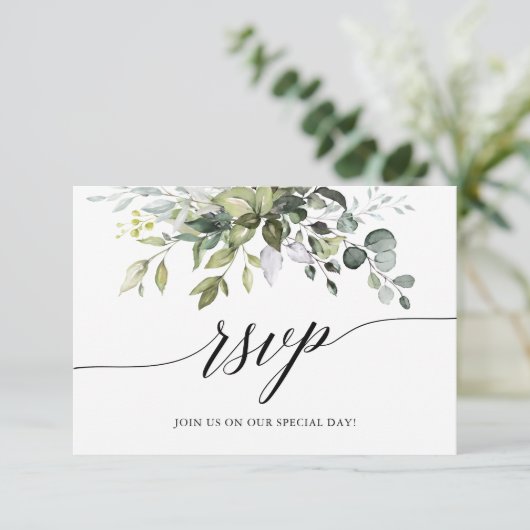 Hochzeit der Wasserfarbengrünen Kalligrafie RSVP Karte (Stehend Vorderseite)