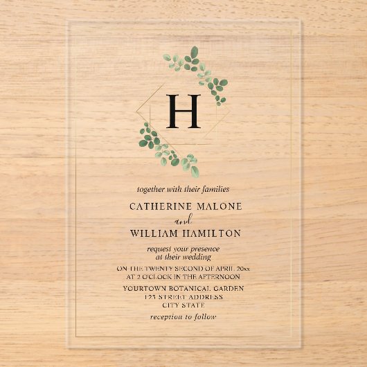 Hochzeit der weißen botanischen Geometrie Acryleinladungen (Vorderseite)