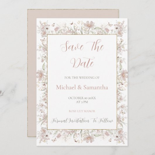 Hochzeit der Wildblume Blush and Sage Save The Date (Vorne/Hinten)