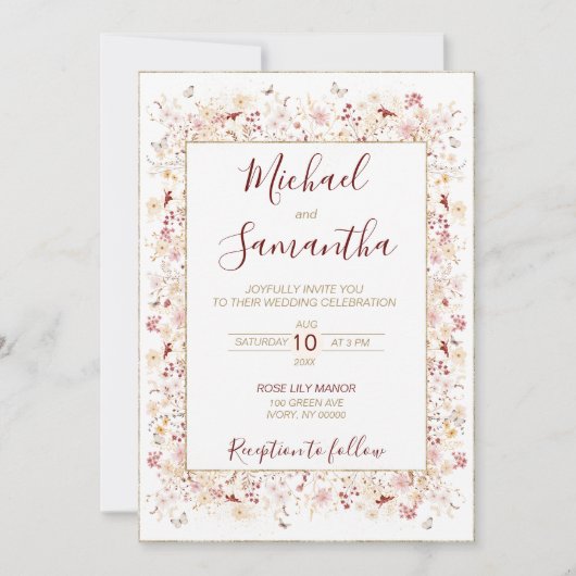 Hochzeit der Wildblume Burgund und Blush Einladung (Vorderseite)