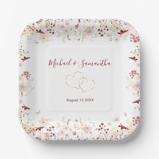 Hochzeit der Wildblume Burgund und Blush Pappteller (Vorderseite)