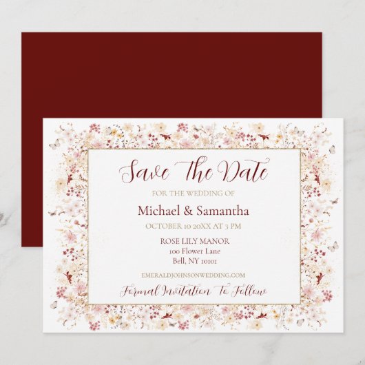 Hochzeit der Wildblume Burgund und Blush Save The Date (Vorne/Hinten)