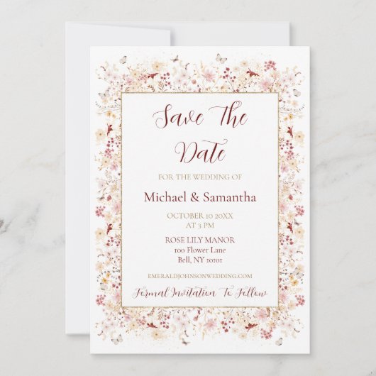 Hochzeit der Wildblume Burgund und Blush Save The Date (Vorderseite)