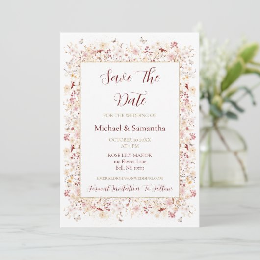 Hochzeit der Wildblume Burgund und Blush Save The Date (Stehend Vorderseite)