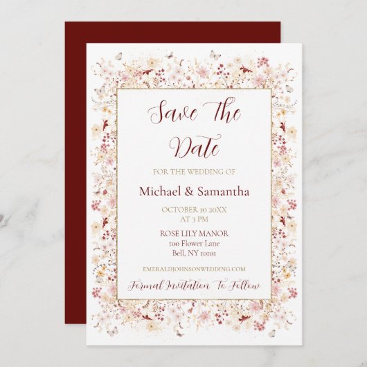 Hochzeit der Wildblume Burgund und Blush Save The Date (Vorne/Hinten)