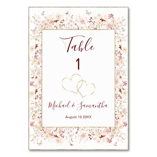 Hochzeit der Wildblume Burgund und Blush Tischnummer (Vorderseite)
