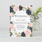 Hochzeit des blauen Blütenrosa Blumenkreides Einladung (Stehend Vorderseite)