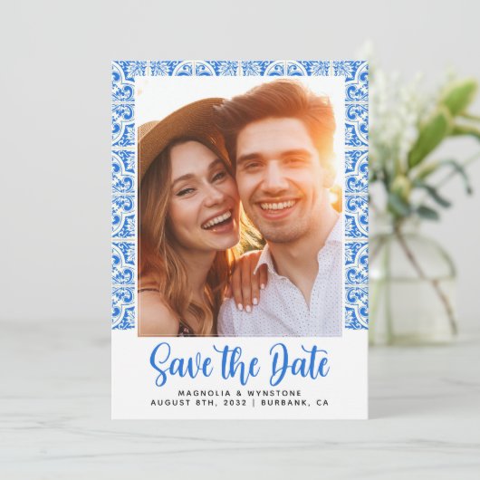 Hochzeit des Blauen Fotos Save The Date (Stehend Vorderseite)