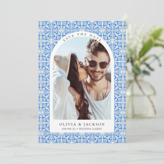 Hochzeit des Blauen Tile-Arch-Fotos Save The Date (Stehend Vorderseite)