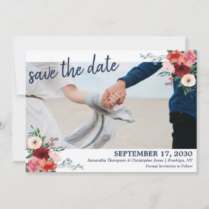 Hochzeit des Blue Burgundy Coral Floral Foto Save The Date