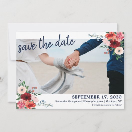 Hochzeit des Blue Burgundy Coral Floral Foto Save The Date (Vorderseite)