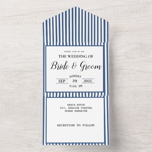 Hochzeit des Blue Stripe Coastal Beach All In One Einladung (Innen Boden)