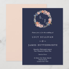 Hochzeit des Blumenkranzes auf Navy & Peach Monogr Einladung