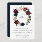 Hochzeit des Blumenkreides von Navy Burgund Einladung (Vorne/Hinten)