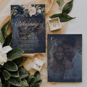 Hochzeit des blumigen Fotos in Blau und Rosa Folieneinladung