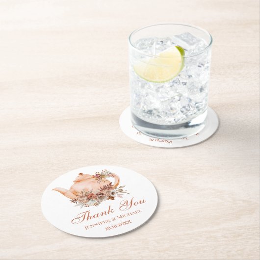 Hochzeit des botanischen Blumenteapots im Herbst v Runder Pappuntersetzer (Vor Ort)