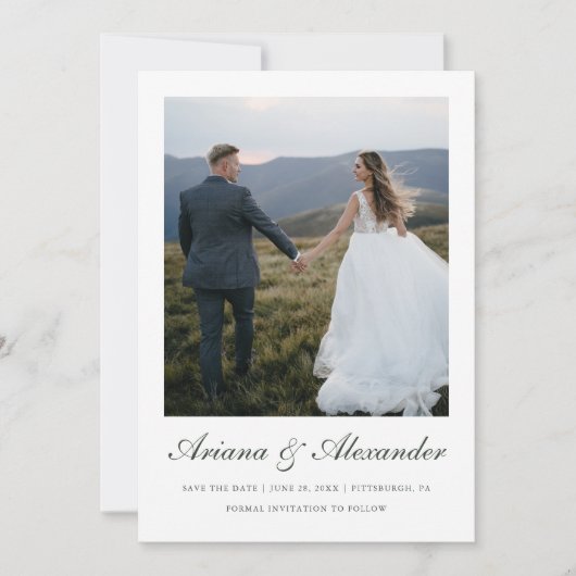 Hochzeit des eleganten Forest Green Script-Fotos Save The Date (Vorderseite)