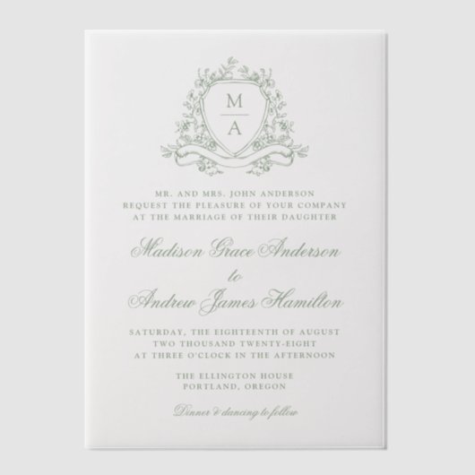 Hochzeit des eleganten grünen Wappen Pergament Einladungen (Vorderseite)