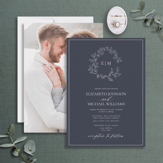 Hochzeit des Fotos Mongram mit blauem Wappen Einladung