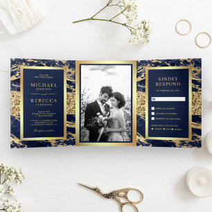 Hochzeit des Gold Glitzer Navy Blue Marble Foto Dreifach Gefaltete Einladung