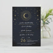 Hochzeit des Gold Stars Night Celestial Sunburst F Einladung (Stehend Vorderseite)