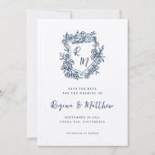 Hochzeit des handgezogenen blauen Wappen Save The Date (Vorderseite)