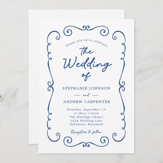 Hochzeit des handgezogenen Doodle Border QR Code Einladung (Vorne/Hinten)