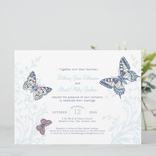 Hochzeit des hellblauen Schmetterlings Einladung (Stehend Vorderseite)