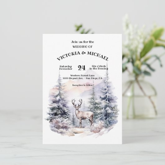 Hochzeit des Hirschschschneebergs mit Pinienbäumen Einladung (Stehend Vorderseite)