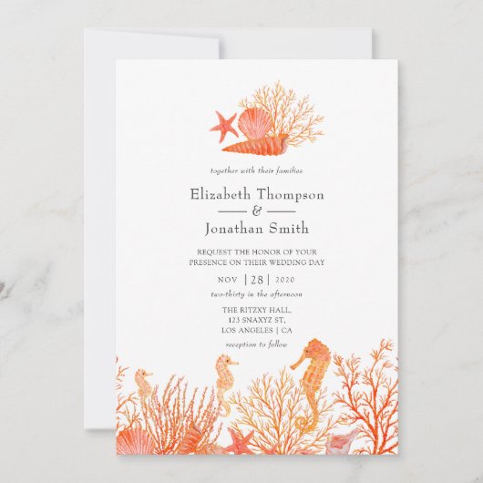 Hochzeit des Korallenstrands mit Aquarellfarben Einladung (Vorderseite)