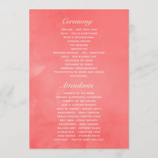 Hochzeit des Korallenstrands mit Aquarellfarben Programm (Rückseite)