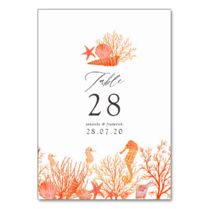 Hochzeit des Korallenstrands mit Aquarellfarben Tischnummer