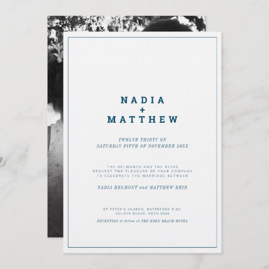 Hochzeit des Minimalistischen Fotos in Blau und We Einladung (Vorne/Hinten)