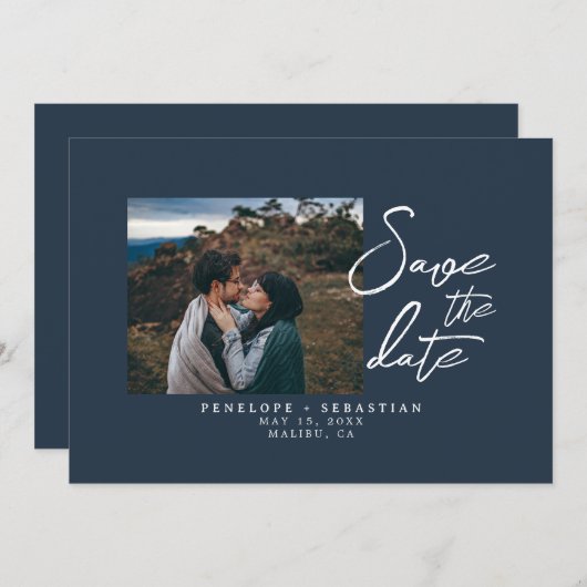 Hochzeit des Minimalistischen Navy Blue Calligraph Save The Date (Vorne/Hinten)