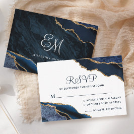 Hochzeit des Navy Blue Agate White Monogram RSVP Karte